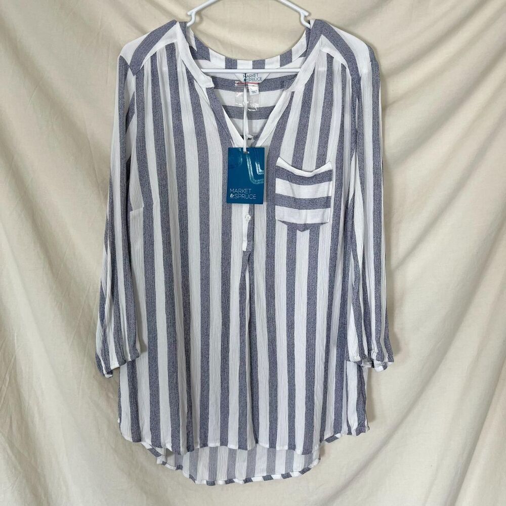 NWT Market & Spruce navy and blue vertical stripe V-neck tunic top 2X / XXL